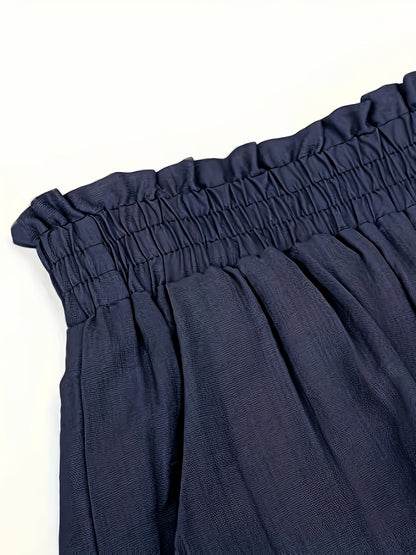 Solid Tassel Hem Loose Shorts, Vacation Paper Bag Waist Summer Shorts, Women's Clothing