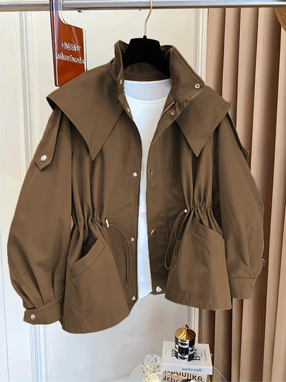 Կանացի միագույն պոլիեսթերային վերարկու՝ լարով գոտկատեղի, օձիքի և կրծքավանդակի գրպաններով - Գարնանային և աշնանային նորաձևություն, հարմարավետ, չձգվող գործվածք, ամենօրյա վերնազգեստ | Դասական երկար թևքեր | Չձգվող նյութ