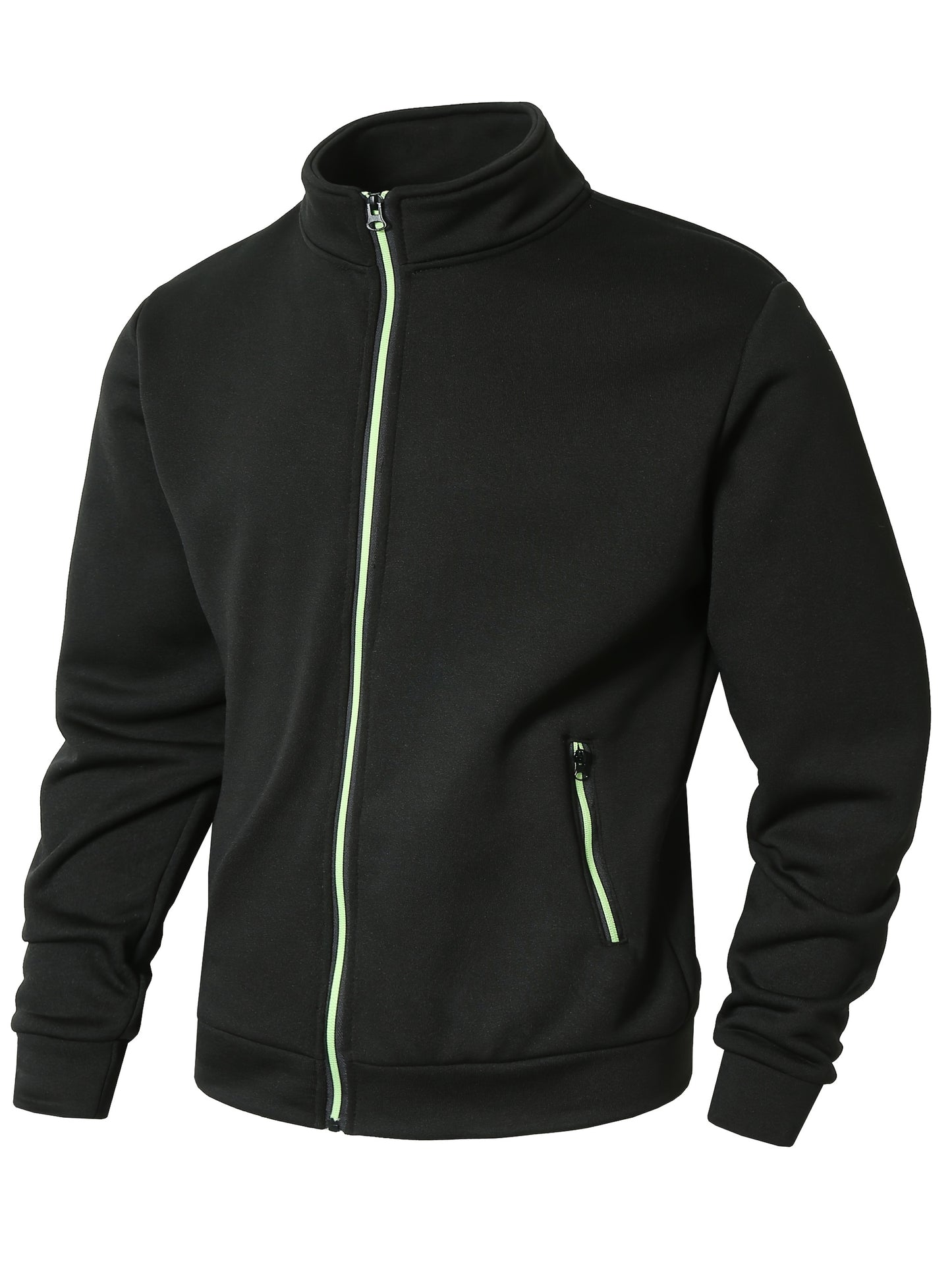 Men's Sporty Full-Zip Stand Collar Sweatshirt - Long Sleeve Casual Pullover with Neon Green Accents, Solid Color Non-Stretch Fabric, Regular Fit for Fall Winter