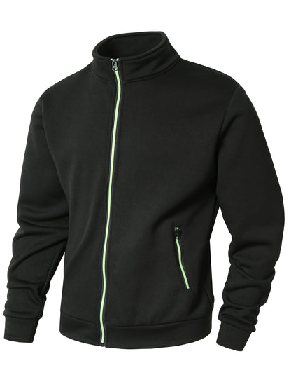 Men's Sporty Full-Zip Stand Collar Sweatshirt - Long Sleeve Casual Pullover with Neon Green Accents, Solid Color Non-Stretch Fabric, Regular Fit for Fall Winter