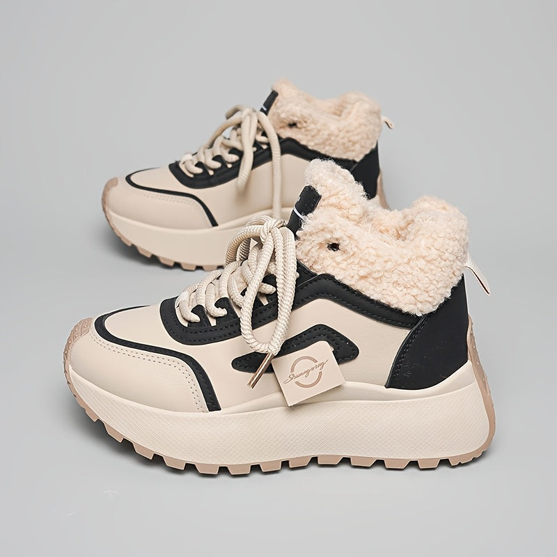 Կանացի ձմեռային ձնագնացքներ հաստ, փափուկ PVC ներբանով՝ բարձրացնող էֆեկտով - սահքից պաշտպանող, արհեստական կաշվե վերնամասով և փափուկ ծածկույթով, բեժ/սև գույն - ամենագնացքային ճկունություն սառույցի, ձյան և ամենօրյա կրման համար -