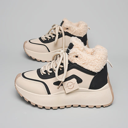 Կանացի ձմեռային ձնագնացքներ հաստ, փափուկ PVC ներբանով՝ բարձրացնող էֆեկտով - սահքից պաշտպանող, արհեստական կաշվե վերնամասով և փափուկ ծածկույթով, բեժ/սև գույն - ամենագնացքային ճկունություն սառույցի, ձյան և ամենօրյա կրման համար -