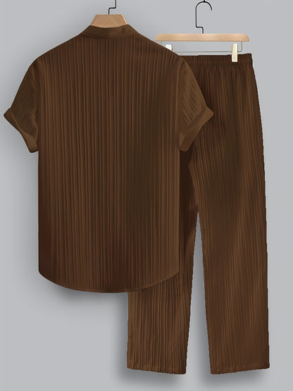 Men's Summer Casual Polyester Set with Stand Collar Shirt & Pants