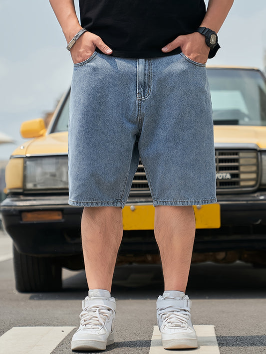 Men's Solid Cotton Blend Loose Fit Denim Jorts, Chic Street Style Summer Bottoms For Men