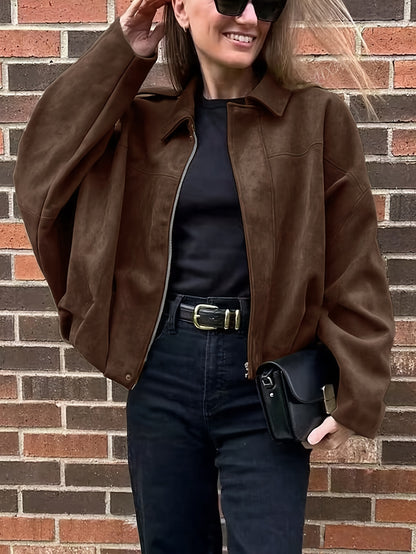 Կանացի վինտաժային բոմբեր բաճկոն - ազատ չափի երկար թևքով, կայծակաճարմանդով և իջեցված ուսերով, շագանակագույն առօրյա վերնազգեստ աշուն/ձմեռ համար, չձգվող գործվածք, իդեալական է առօրյա հագուստի համար, աշուն-ձմեռ բաճկոն | Վինտաժային բոմբեր ոճ | Zipp