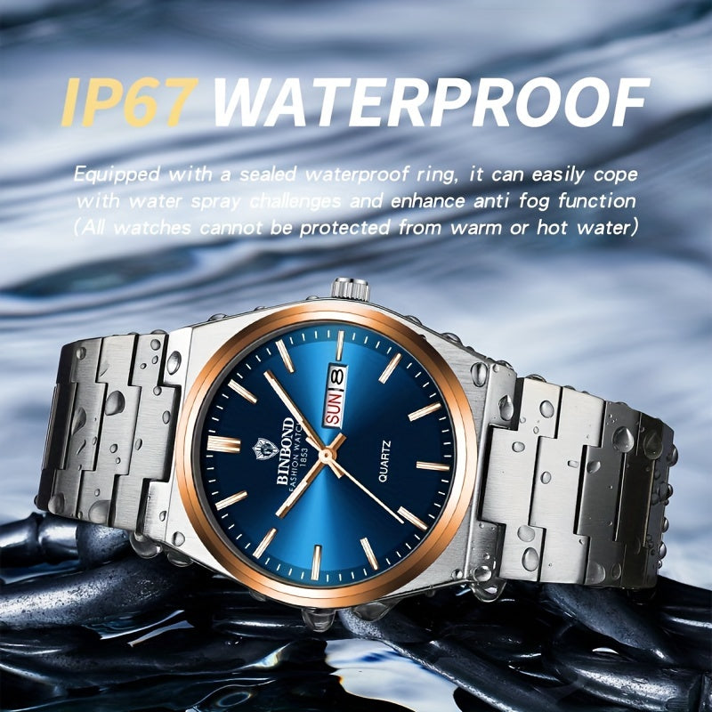 BINBOND Fashion Solid Stainless Steel Buckle Men's Business Casual Quartz Watch Thin Double Calendar Men's Watch