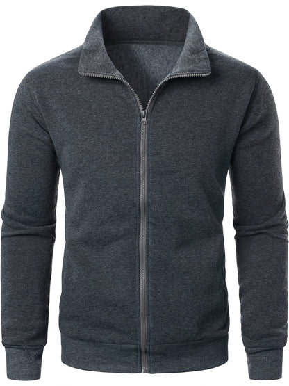 Men'S Slim-Fit Fleece-Lined Zip-Up Hoodie - Warm Long Sleeve Casual Jacket with Stand Collar, Solid Color, Polyester Lining, Pockets, Regular Fit for Fall/Winter, Winter Hoodie, Autumn Outerwear, Sleek Design, Durable Fabric,