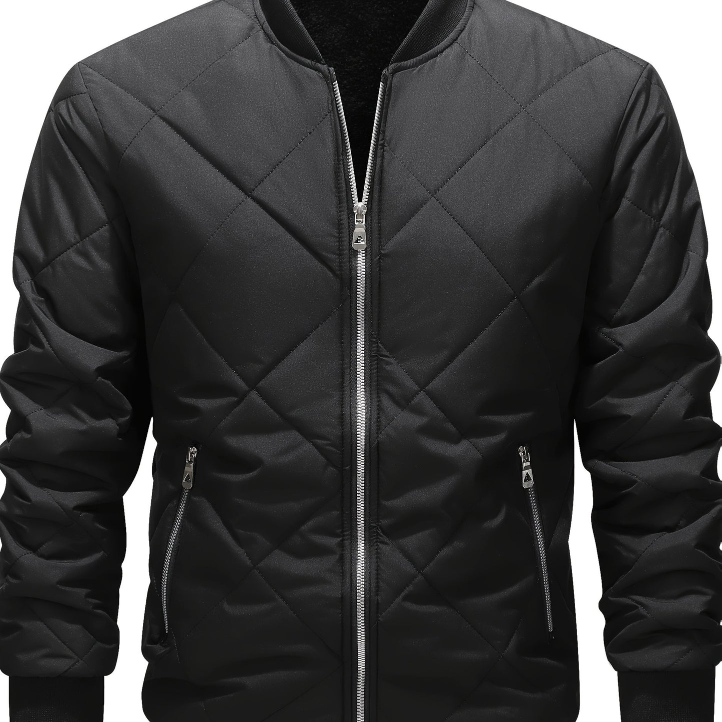 Men's Winter Casual Bomber Jacket - Black with Diamond Quilted Design, 100% Polyester, Zipper Front & Side Pockets, Regular Fit for Outdoor Activities