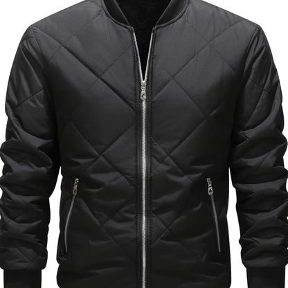 Men's Winter Casual Bomber Jacket - Black with Diamond Quilted Design, 100% Polyester, Zipper Front & Side Pockets, Regular Fit for Outdoor Activities