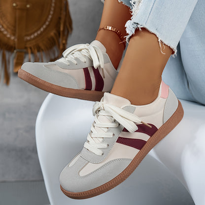 Women's Casual Low-Top Sneakers - Trendy Color Block Design, Light Gray with Navy Blue & Red Stripes, Comfortable Lace-Up Shoes for Casual Attire, Retro Style, Faux Cover Upper, PVC Sole, EVA Insole, Perfect for Spring and Fa