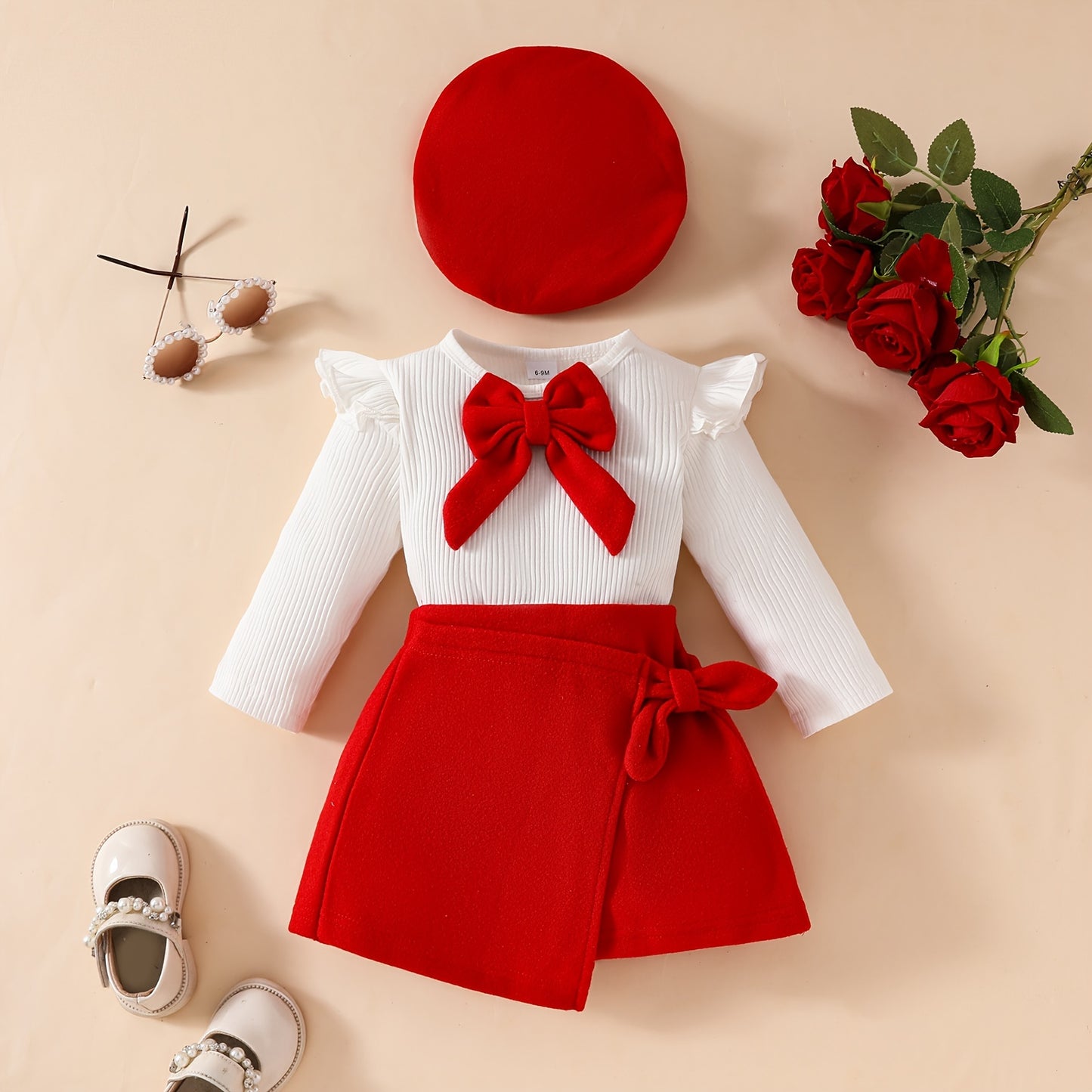 Honey Style Knitted Fabric Crew Neck Long Sleeve T-Shirt with Solid Color Flared Skirt and Beret Set for - Bow Detail Knee High Medium Stretch Fall/Winter Outfit