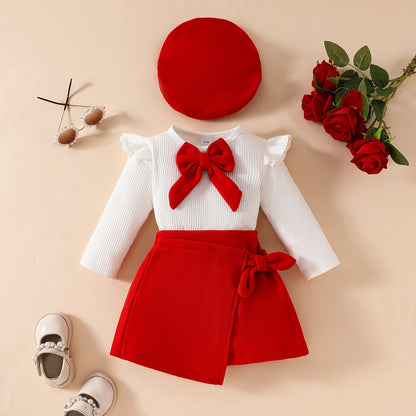 Honey Style Knitted Fabric Crew Neck Long Sleeve T-Shirt with Solid Color Flared Skirt and Beret Set for - Bow Detail Knee High Medium Stretch Fall/Winter Outfit
