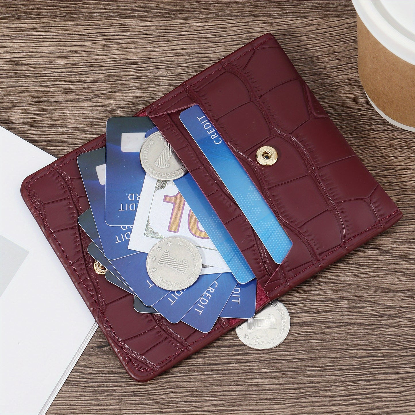 Women'S Small PU Wallet - Solid Color Short Style Featuring Card Slots And a Zippered Coin Pocket