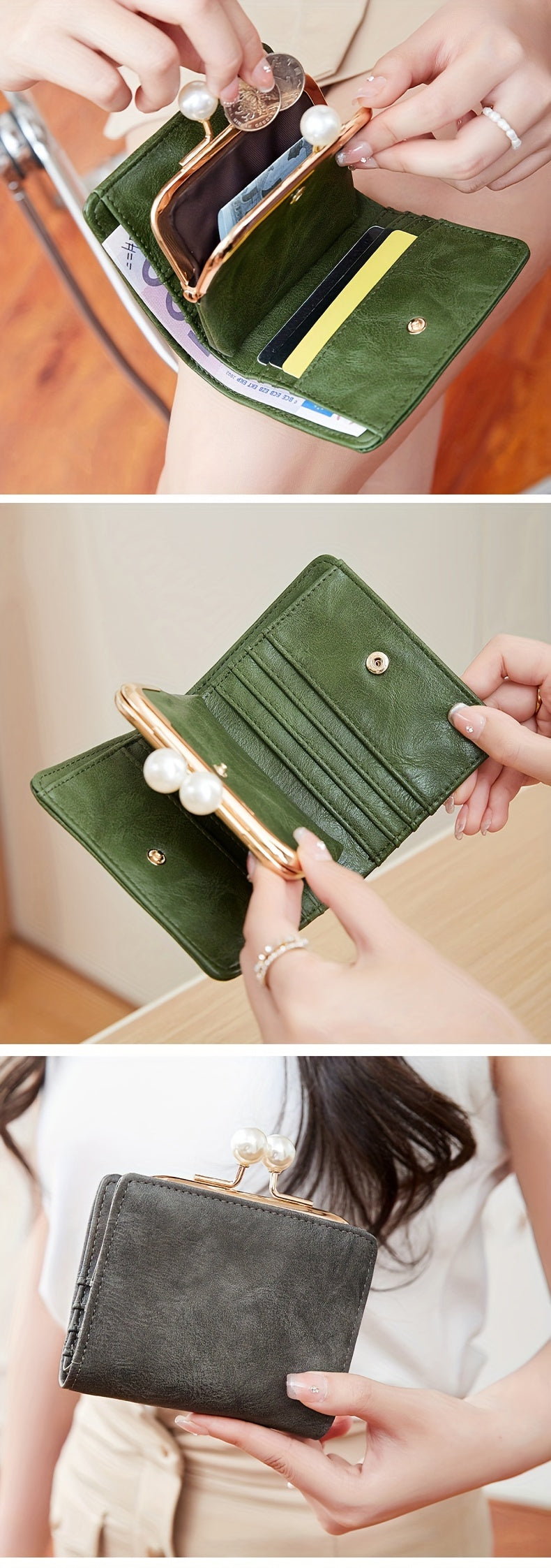 Women's Wallet Short Compact Three Layer LargeCapacity Retro Pearl Wallet High Quality PU Multi Card Seat/Coin ZeroWallet