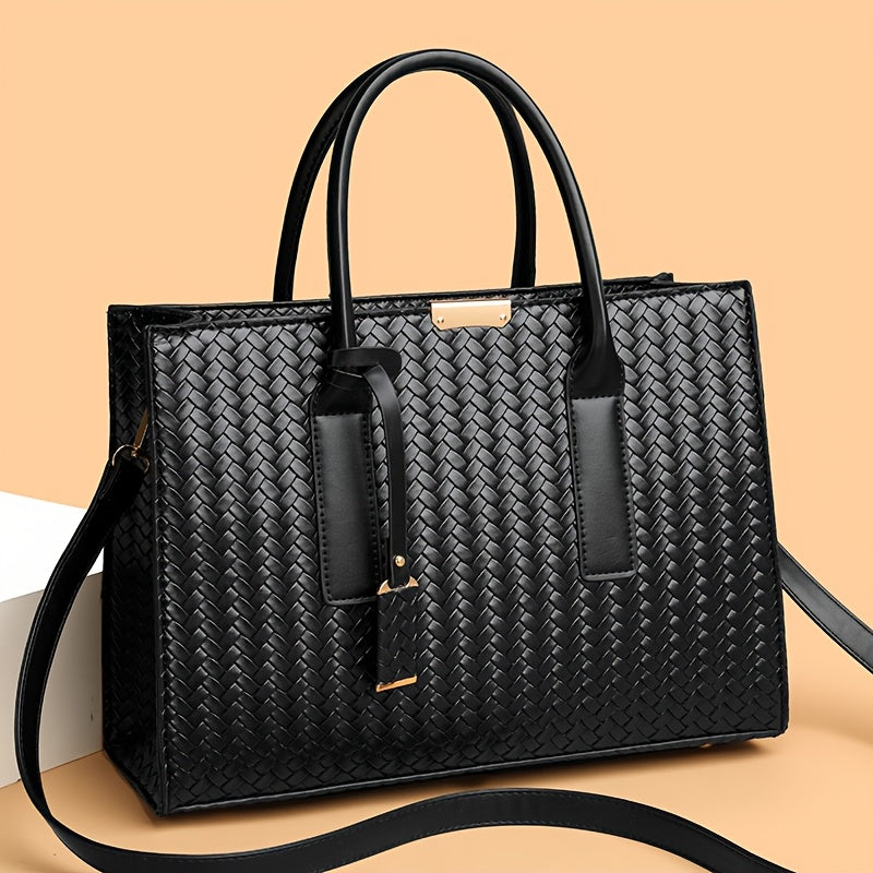 Large Woven Ladies Handbag with Removable Strap and Metal Buckle