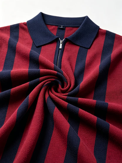 Men's Slim Fit Vertical Stripe Knit Polo with Half-Zip Collar