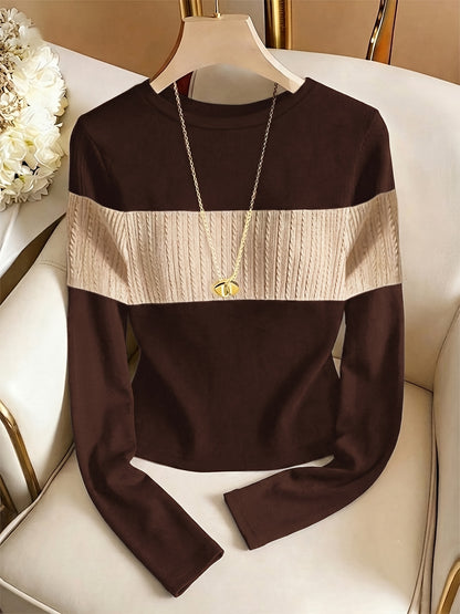 Women's Elegant Color-Block Crew Neck Long Sleeve Top