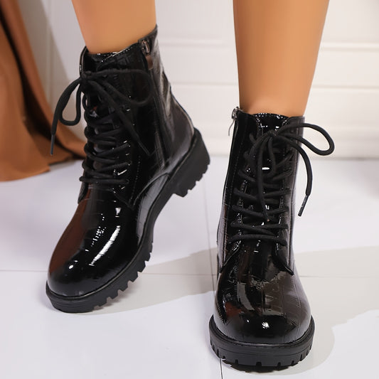 1pr European/American Style Women'S Mid Heel Platform Boots - Casual Round Toe PU Crocodile Pattern with Zipper Closure, All-Season Fashion Ankle Booties with Block Heel and Fabric Insole