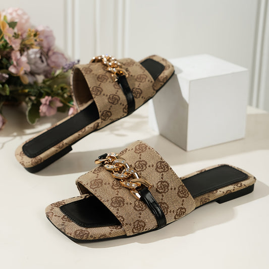 Women’s Crystal Chain Square-Toe Flat Summer Slides