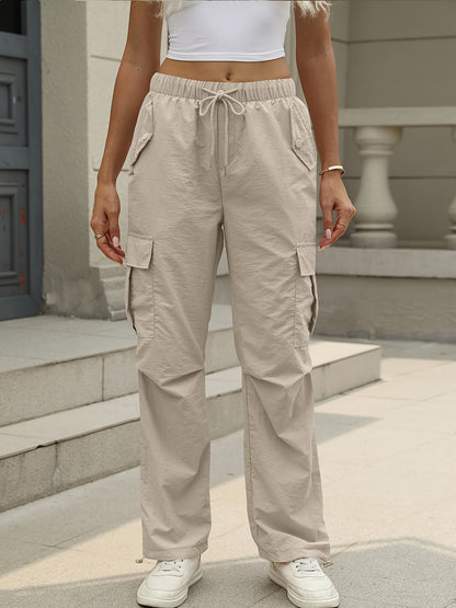 Women's Casual Light Pink Cargo Pants with Drawstring Waist, Straight Leg Fit & Flap Pockets - Polyester Long Trousers for Casual Attire, Allseason Cargo | Casual Fashion Pants | Functional Design, Ladies Pants