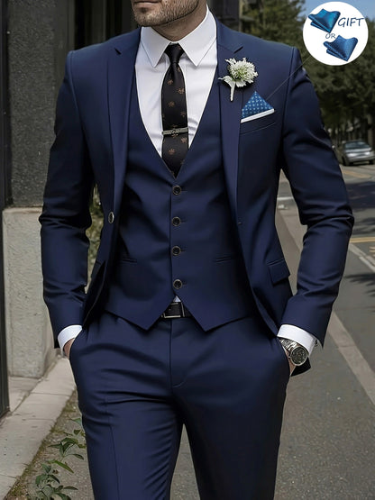 Men's 3-Piece Polyester Suit Set with Jacket, Vest & Trousers
