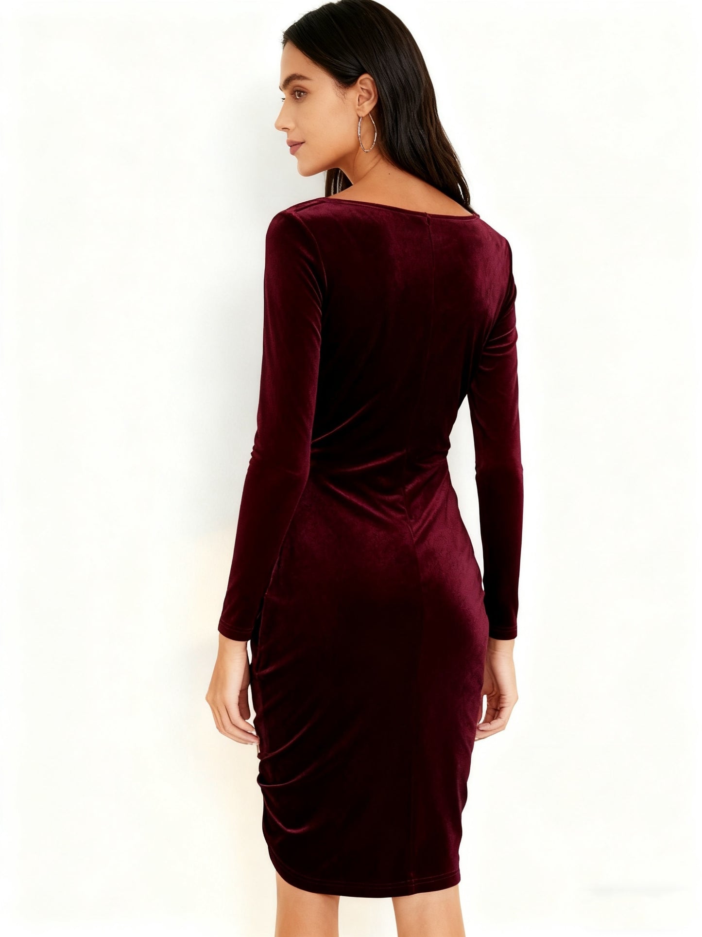 2025 New Velvet V-neck Bodycon Midi Dress | Elegant Cross-Back Sexy Evening Gown for Parties, Solid Color, Long Sleeve, Pencil Fit