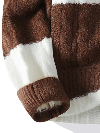 Նոր աշնանային և ձմեռային կլոր վզնոցով նորաձև գծավոր, գունավոր բլոկներով տրիկոտաժե սվիտեր միջին տարիքի տղամարդկանց համար, տաք և հարմարավետ