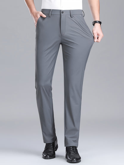 Men'S Navy Blue Straight Leg Dress Pants - Casual Style, Polyester Fabric with Slight Stretch, Mid Waist, Button Closure, No Belt, Regular Fit, Outdoor & Office Wear, Office Attire|Straight Leg Pants|Polyester Fabric