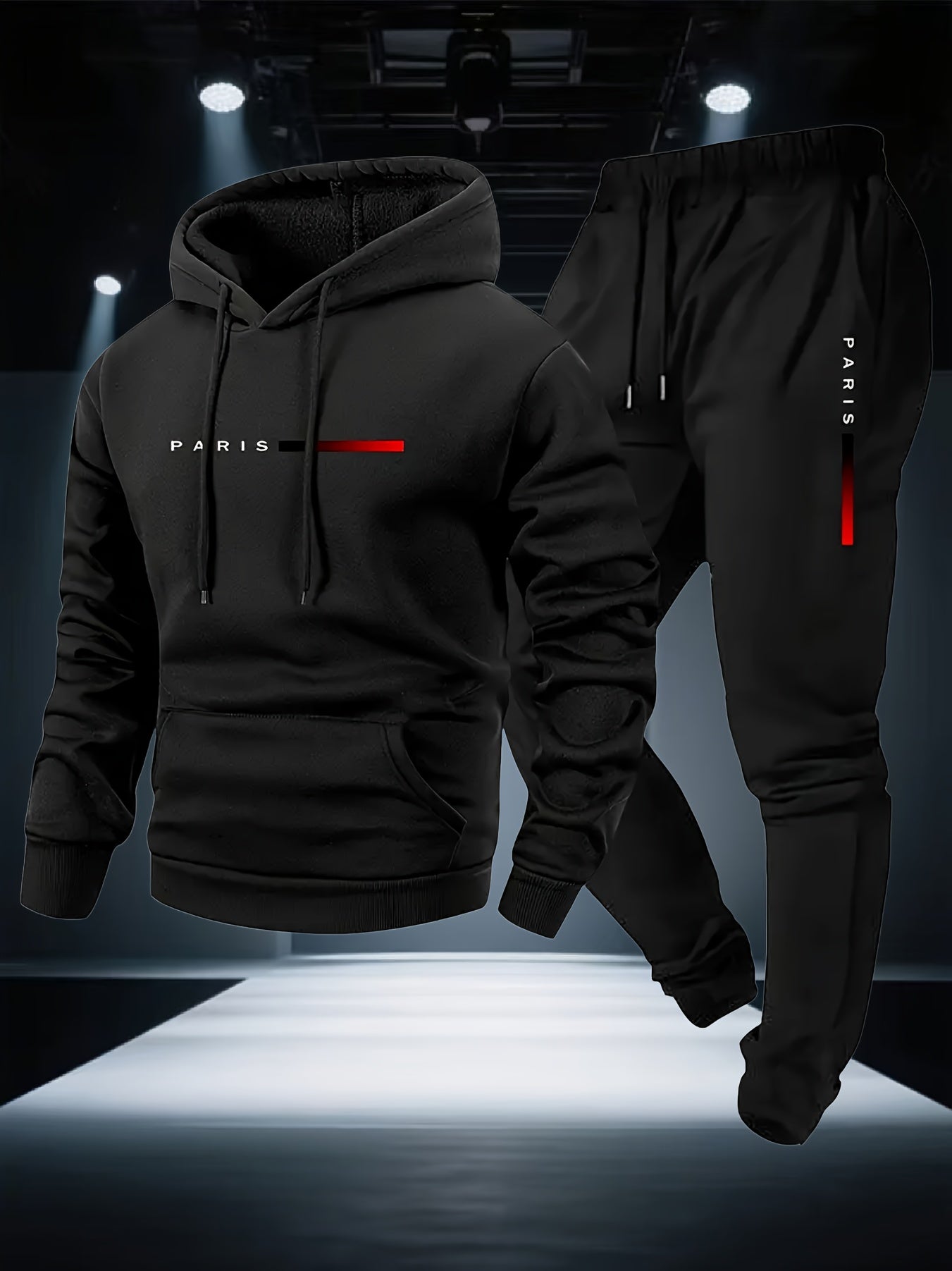 Halloween Men'S Hoodie with PARIS Lettering And Drawstring Sweatpants Set, a Must-Have Outfit for Autumn And Winter, Perfect for Everyday Outdoor Wear - ayq