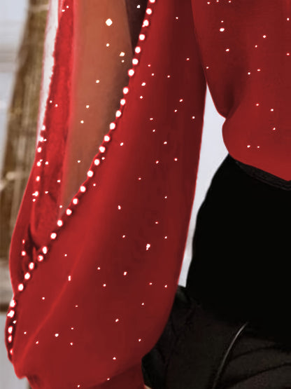 's Elegant Red V-Neck Blouse with Sheer Lace & Mesh Sleeves - Long Sleeve Semi-Sheer Shirt Jacket-like Top for Spring/Fall, Parties, Weddings, Casual Outfits - Lace Trim Blouse (Hand Washable)