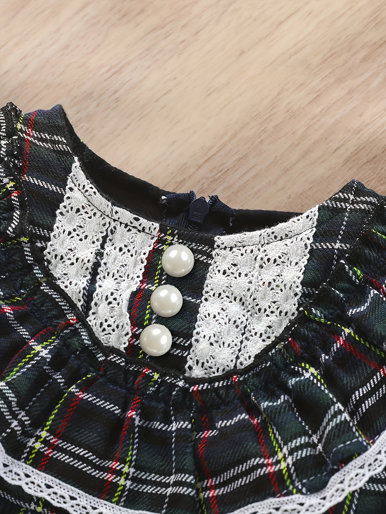 Girls' Plaid Tartan Puffed Sleeve High-Low Neck Ruffled Hem Dress with Ruffled Collar & Lace Trim - Plaid Princess Party Dress with Skirt, Machine Washable Winter Formal & Everyday Outfit for Christmas, New Year's, Easter - S