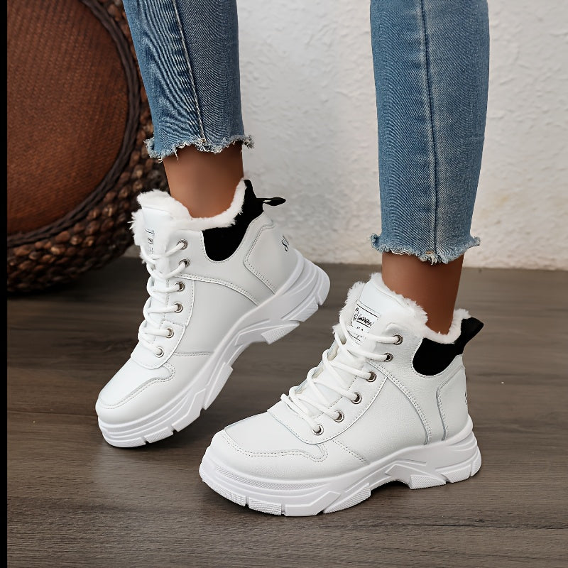 Women's Insulated Winter Boots with Plush Collar & Thick Sole - White Faux Cover Round-Toe Lace-Up Ankle Boots, Cushioned Insole & Arch Support, Warm TPU Outsole for Cold Weather, Casual to Semi-Formal Outfits