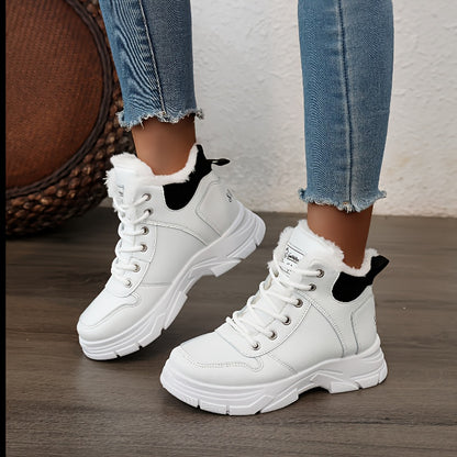 Women's Insulated Winter Boots with Plush Collar & Thick Sole - White Faux Cover Round-Toe Lace-Up Ankle Boots, Cushioned Insole & Arch Support, Warm TPU Outsole for Cold Weather, Casual to Semi-Formal Outfits
