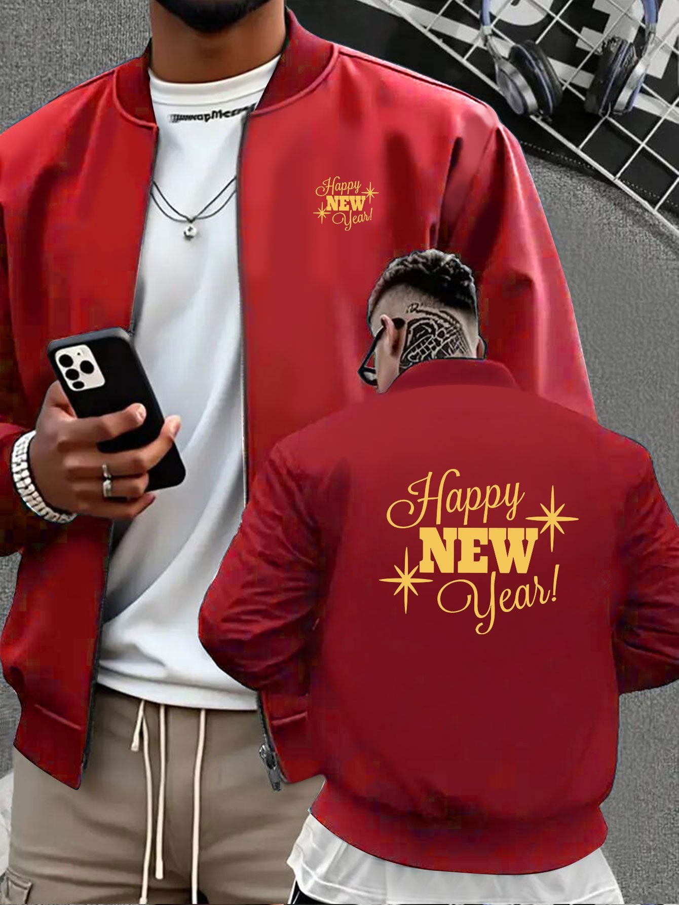 Men's Navy Blue Full-Zip Casual Jacket with Golden Happy New Year Print & Golden Glitter Lettering - Full-Zip Closure, Machine Washable, Regular Fit Winter Coat for Parties, Casual Attire & New Year's Eve Outfits - Stylish Ou