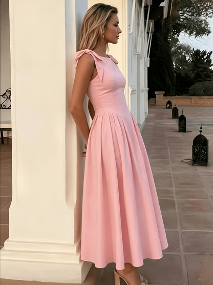 Elegant Women's Retro Fit and Flare Midi Dress with Bow Straps