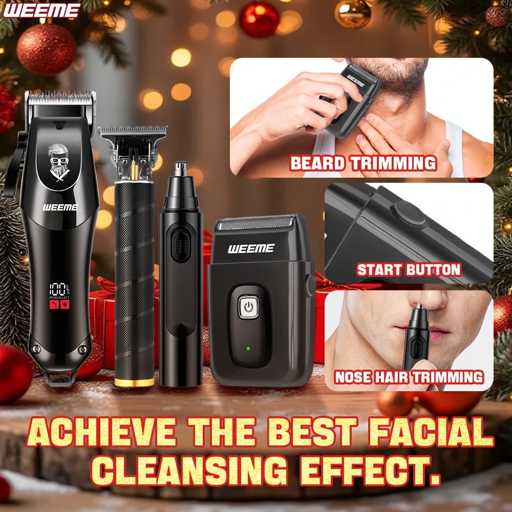 WEEME 4pcs Professional Hair Clipper Set for Men, Cordless Barber Clippers and Trimmer Kit, Electric Beard Trimmer and Nose Trimmer, Foil Shaver Men's Grooming Tool Kit, Christmas Gifts for Him (Black) - ayq