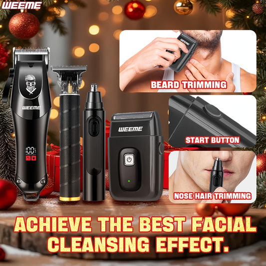WEEME 4pcs Professional Hair Clipper Set for Men, Cordless Barber Clippers and Trimmer Kit, Electric Beard Trimmer and Nose Trimmer, Foil Shaver Men's Grooming Tool Kit, Christmas Gifts for Him (Black)