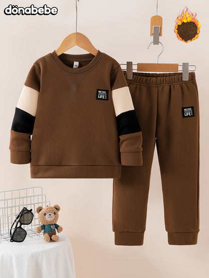 Աշնանային ձմեռային նոր, հաստ, կլոր վզով սվիտեր, երկար թևքերով, 3 գույնանի, պատչվորք, խաչաձև նախշերով, տառերով պատչ, տաք, հարմարավետ, առօրյա, բազմակողմանի սպորտային տաբատ, 2 հատանոց հավաքածու, DONABEBE, բացօթյա օգտագործման համար