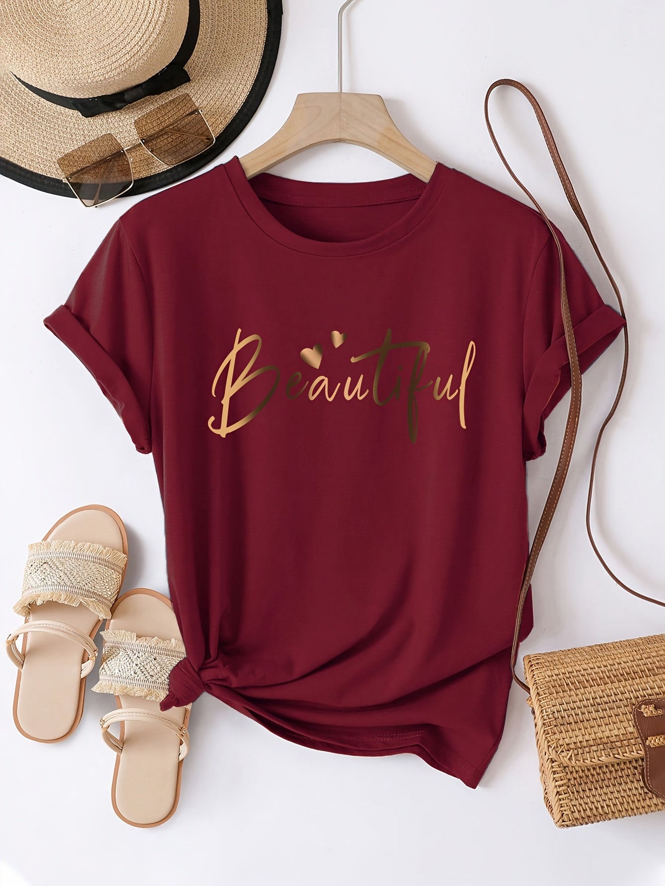 Women's Casual Letter Print T-Shirt - Soft Polyester, Short Sleeve Crew Neck Top for All Seasons, Round Neck, Sports Shirt