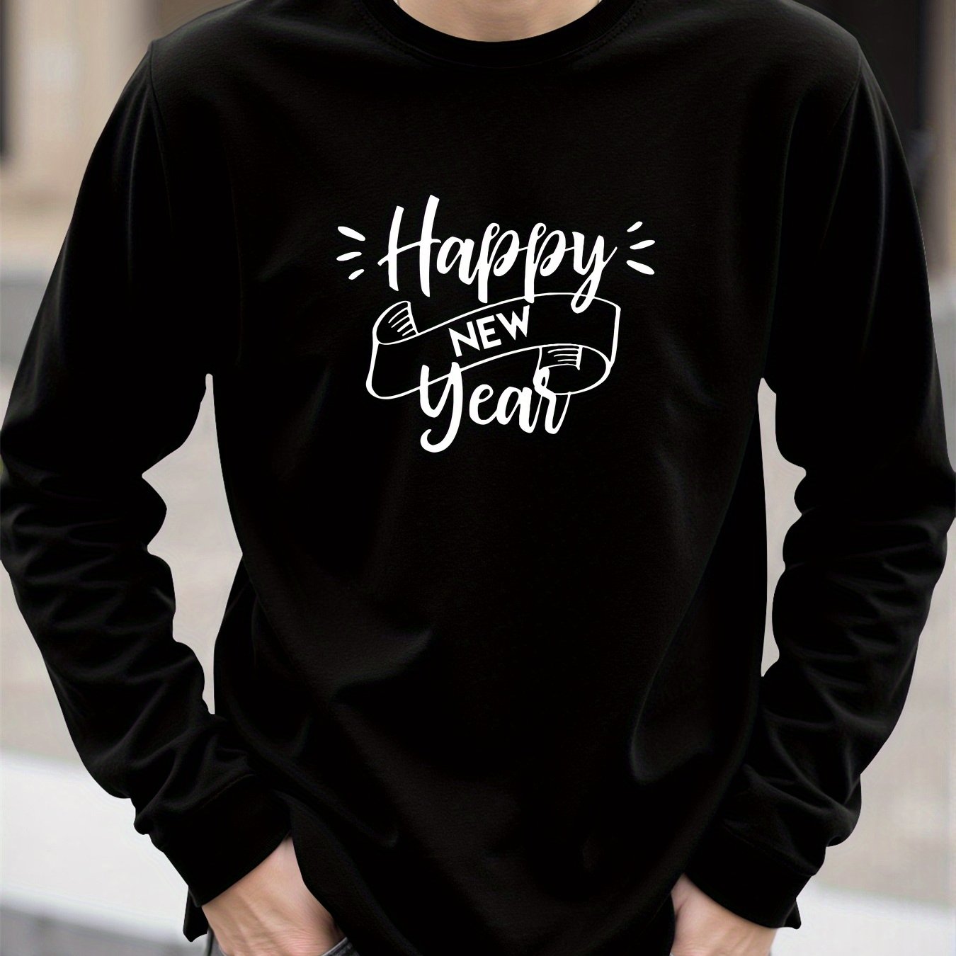 Men'S Happy New Year Graphic T-Shirt - Casual Long Sleeve Crew Neck, White with Black Lettering & Festive Design, Loose Fit for Spring/Fall, Perfect for Casual Attire, Festive Clothing | Festive Graphic Tee | Comfortable Fit