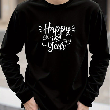 Men'S Happy New Year Graphic T-Shirt - Casual Long Sleeve Crew Neck, White with Black Lettering & Festive Design, Loose Fit for Spring/Fall, Perfect for Casual Attire, Festive Clothing | Festive Graphic Tee | Comfortable Fit