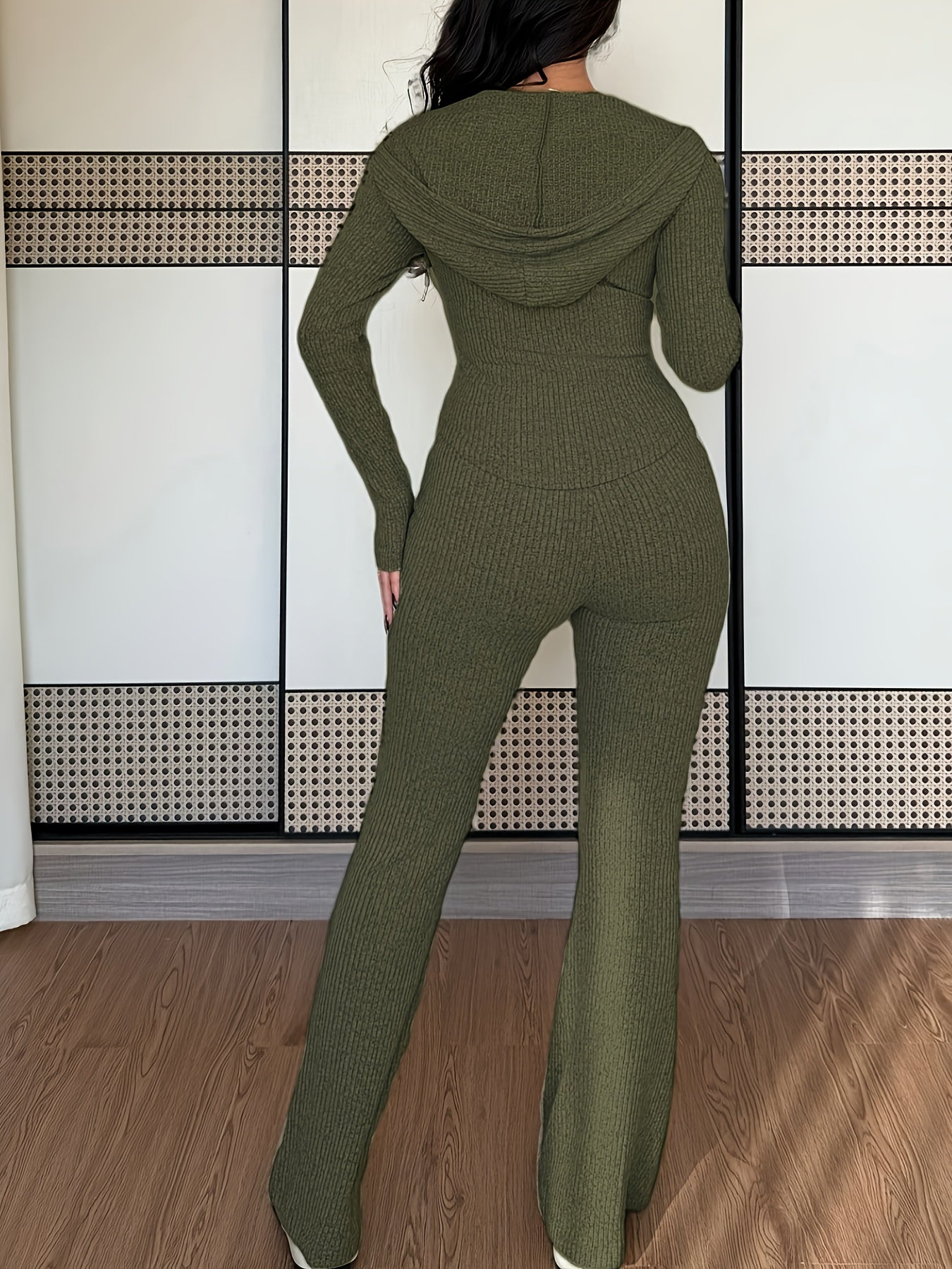 Women's Casual Two-Piece Set with Pockets Hooded Zip-Up Waist Jacket and Ribbed Flared Pants - ayq