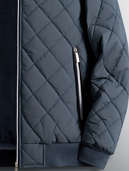 Men'S Diamond Pattern Fleece-Lined Jacket | Casual Stand Collar Warm Coat with Zipper Closure for Autumn and Winter