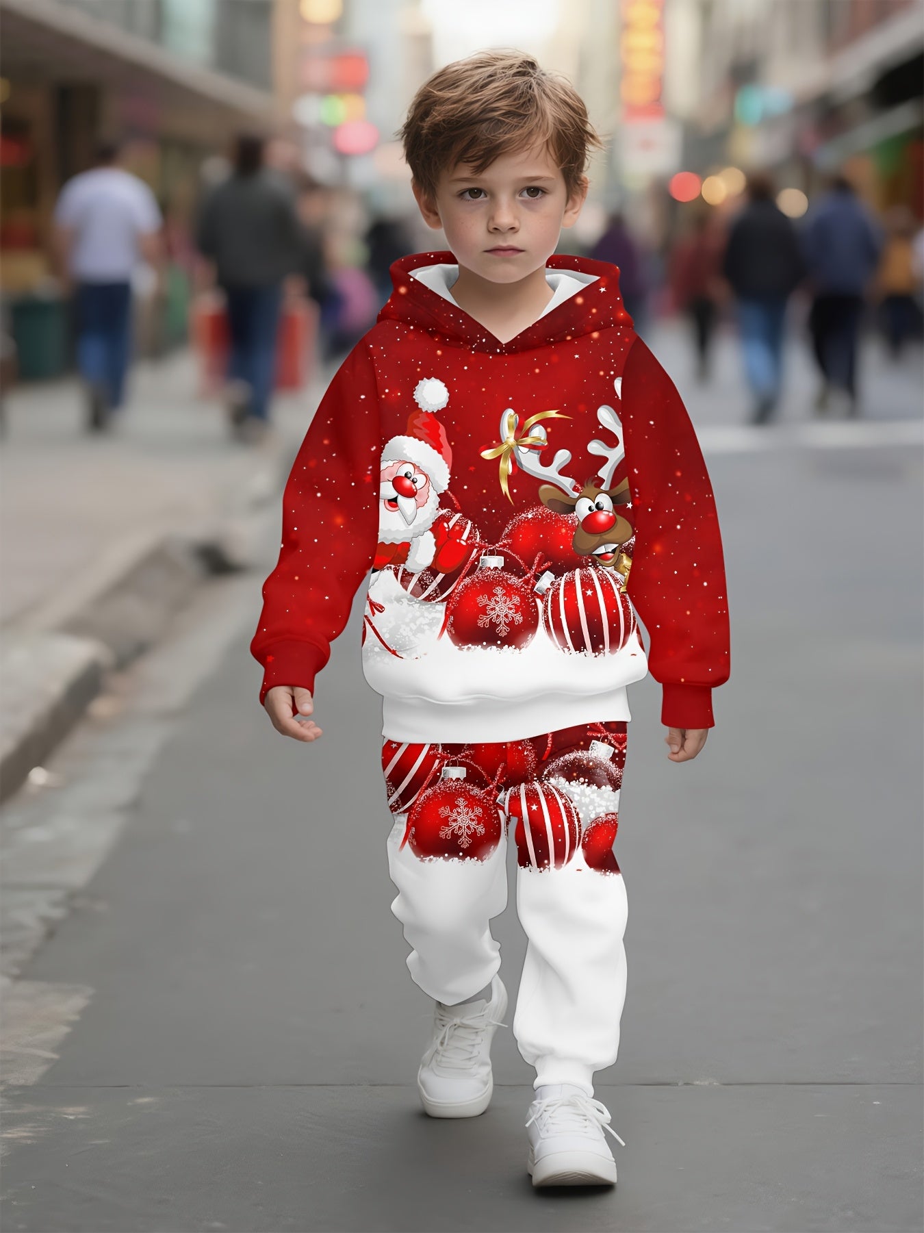 Գարնանային և աշնանային տղաների համար նախատեսված գլխարկով սվիտերի 2 հատանոց հավաքածու, կարմիր և սպիտակ պոլկա ամանորյա զով 3D նվերի նախշ, համապատասխան վերնաշապիկ և վազորդ, հարմար է դրսի և ներքին օգտագործման համար