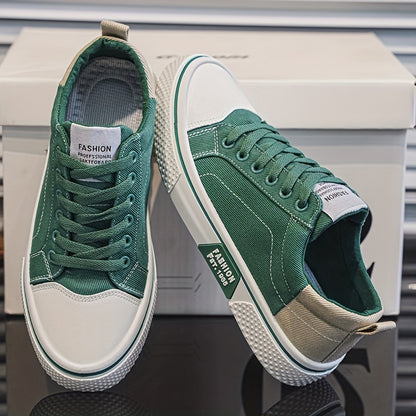 Men's Breathable Canvas Sneakers - Low-Top Lace-Up Skate Shoes, Fashionable Casual & Sporty Design with Green & Beige Color Block, Non-Slip PVC Sole for Casual Attire, Outdoor Sneakers | Laceup Closure | Stylish Lowtops