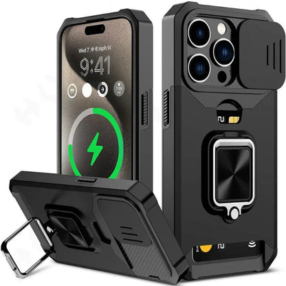 Retro PVC Phone Case with Sliding Camera Slot and Ring Stand