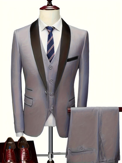 Men's Slim-Fit Notch Lapel 3-Piece Suit with Vest and Pants
