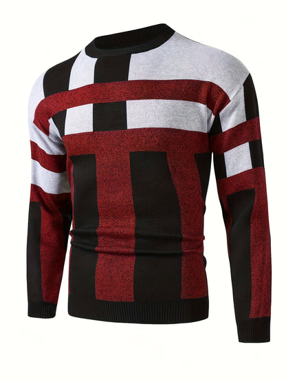 Men's Round Neck Casual Striped Warm Sweater Fashion Knit Pullover Top