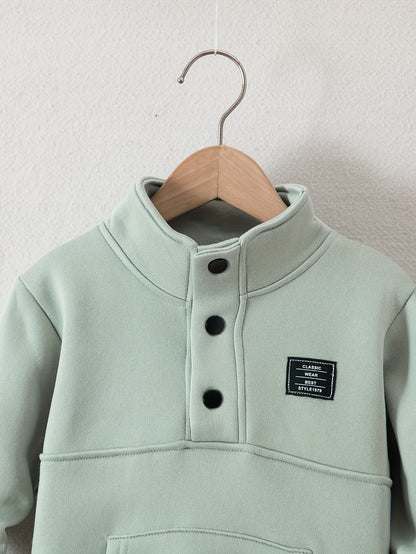 Boys' Cozy Fleece-Lined Hoodie & Sweatpants Set - Olive Green Casual Winter Outfit with Pockets, Thick Warmth for Fall & Winter, Regular Fit, Casual Attire, for Outdoor