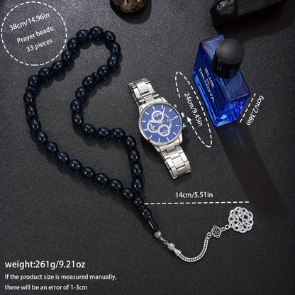 Men's Set, Alloy Blue Dial Watch + Perfume + Prayer Beads, Blues Style